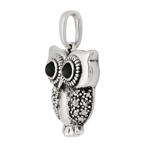 0.20ct Schwarzer Onyx & Markasit 925 Sterling Silver Eule Anhänger