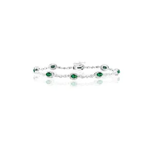 1.29 Cts Diamond & 1.86 Cts of 5x3 mm AA Oval Natural Emerald Bracelet in 14K White Gold