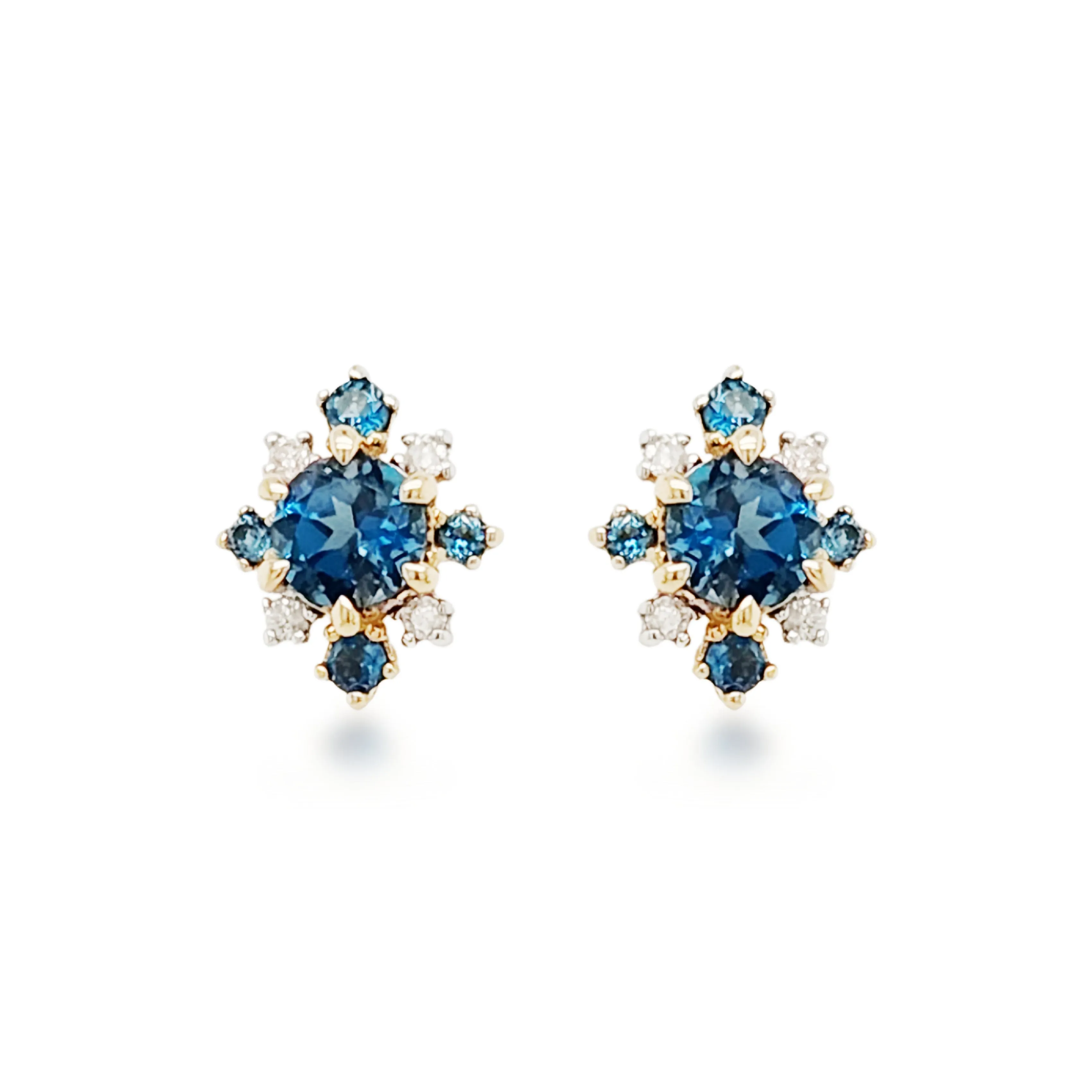 14K Gold Diamond with Light Blue Topaz Stones Stud Earrings