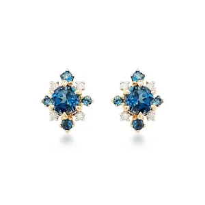 14K Gold Diamond with Light Blue Topaz Stones Stud Earrings