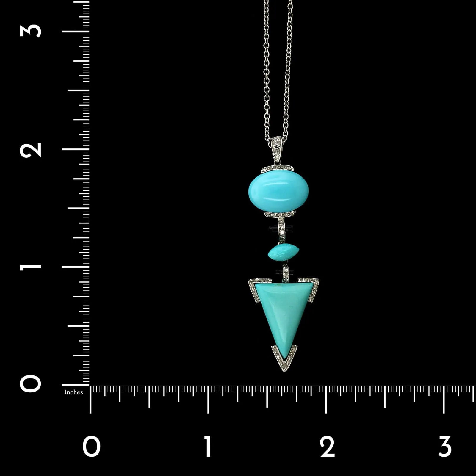 14K White Gold Estate Turquoise, Onyx and Diamond Pendant Necklace