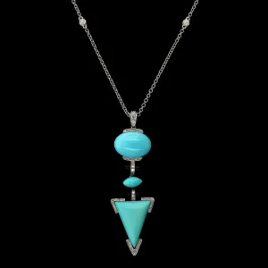 14K White Gold Estate Turquoise, Onyx and Diamond Pendant Necklace