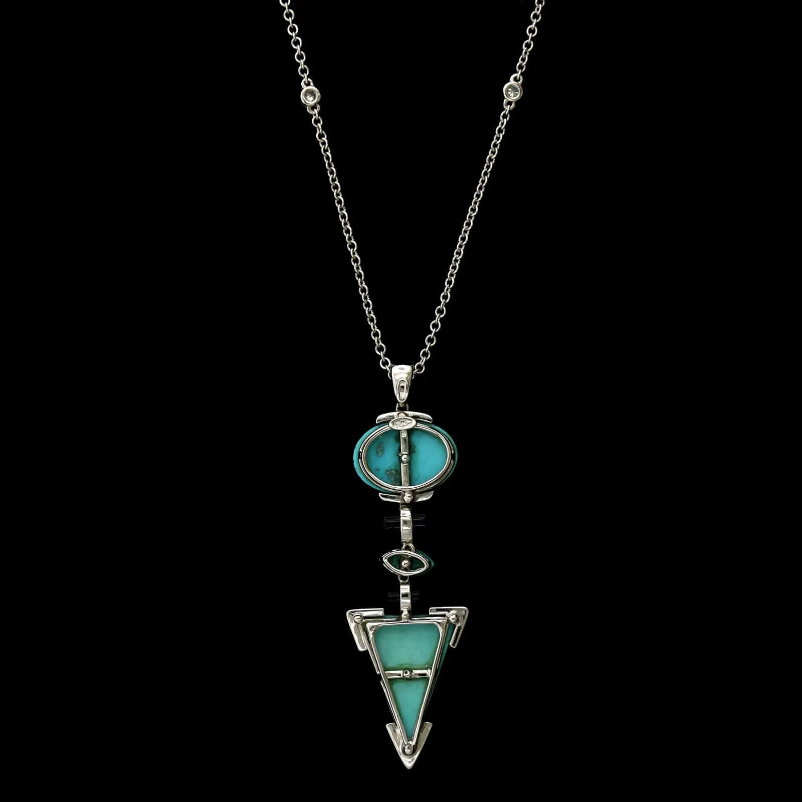 14K White Gold Estate Turquoise, Onyx and Diamond Pendant Necklace