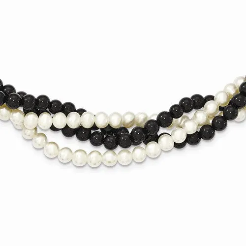 14K Yellow Gold Twisted Onyx & Cultured Pearl Strand Necklace