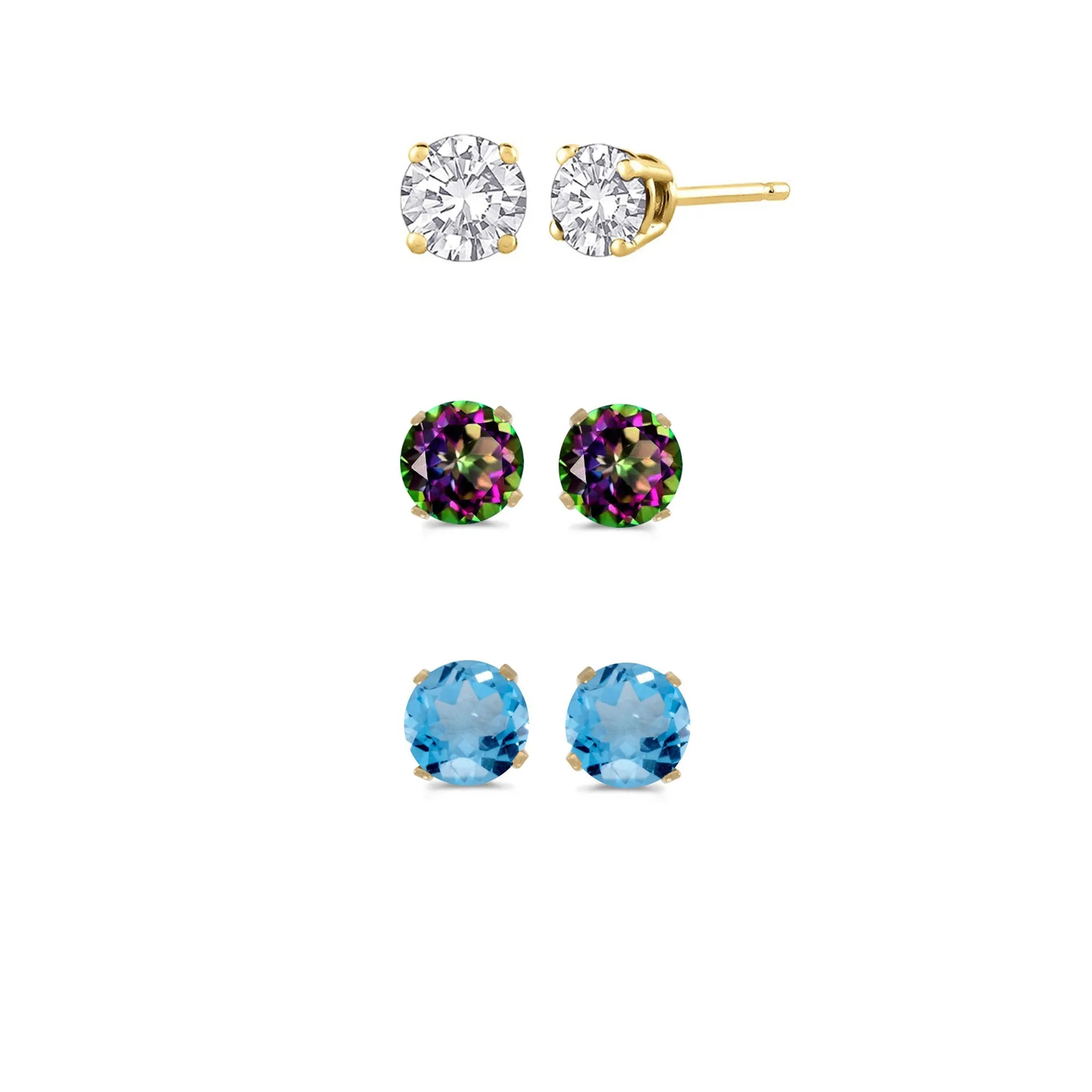 24k Yellow Gold Plated 1/2Ct Created White Sapphire, Mystic Topaz and Blue Topaz 3 Pair Round Stud Earrings