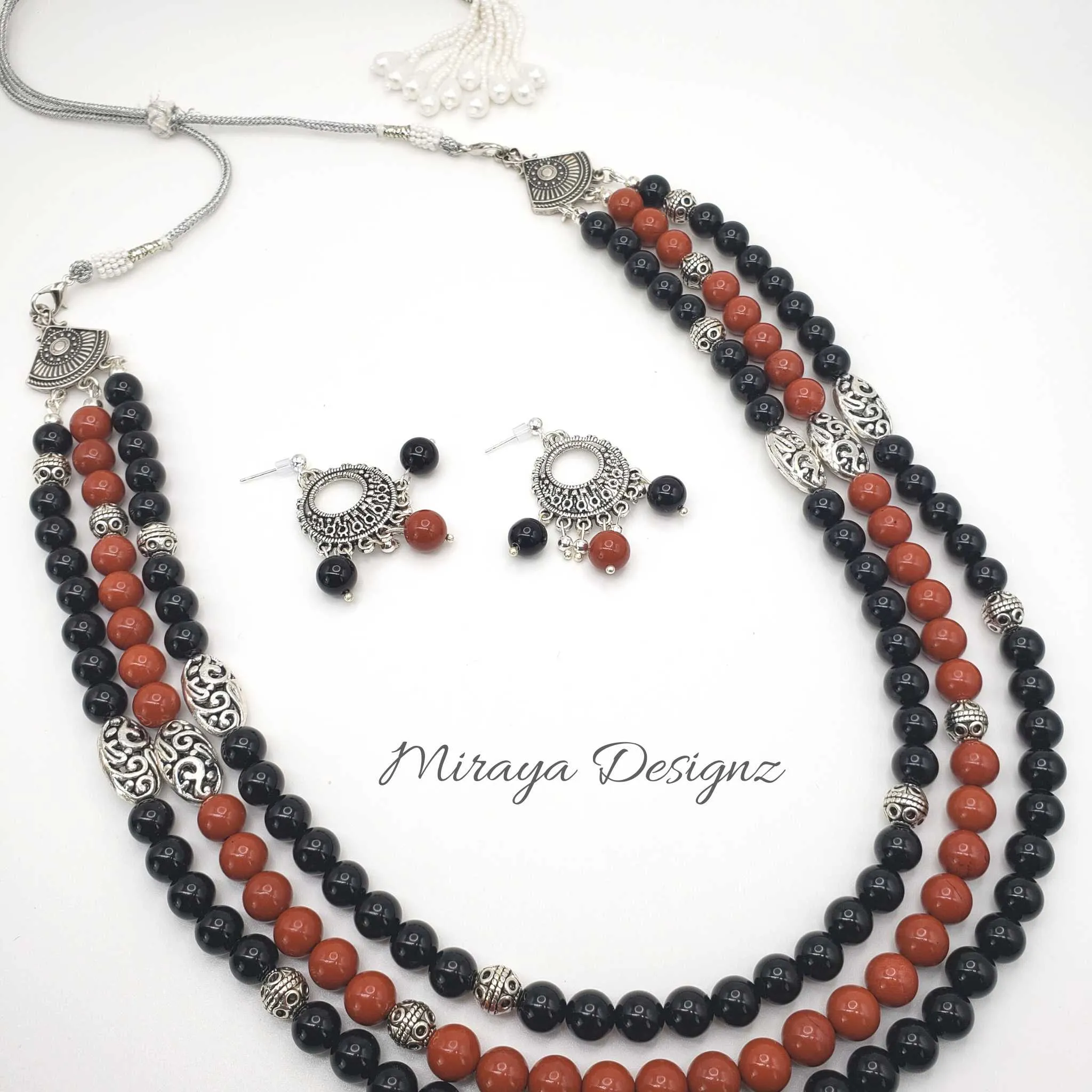 3 Strand Beaded Necklace - Black Onyx and Red Jasper