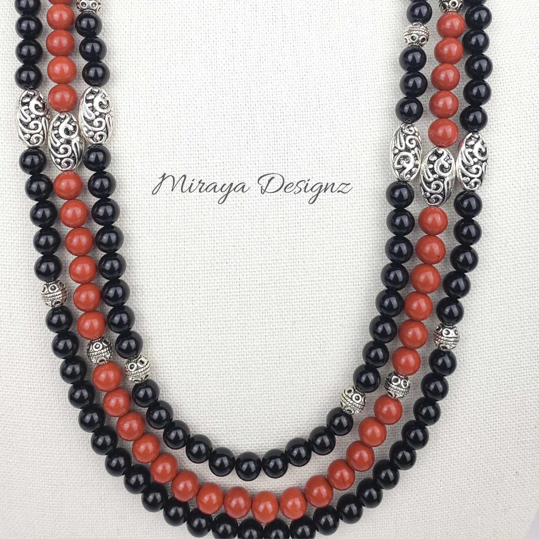 3 Strand Beaded Necklace - Black Onyx and Red Jasper