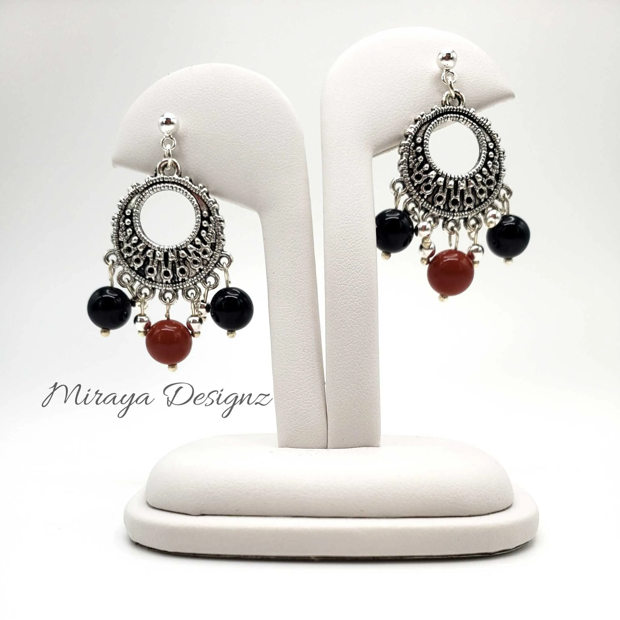 3 Strand Beaded Necklace - Black Onyx and Red Jasper
