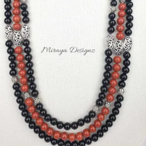 3 Strand Beaded Necklace - Black Onyx and Red Jasper