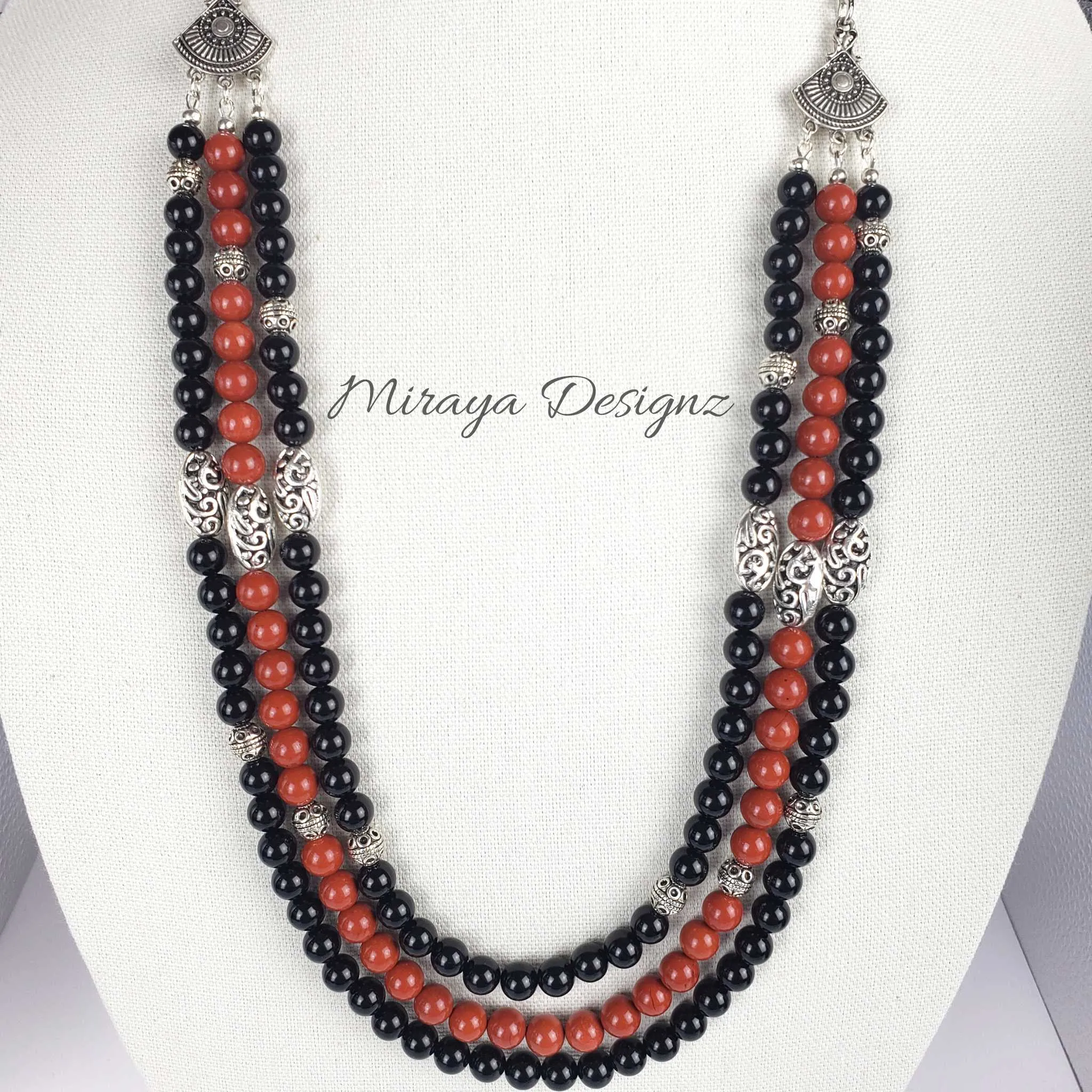 3 Strand Beaded Necklace - Black Onyx and Red Jasper