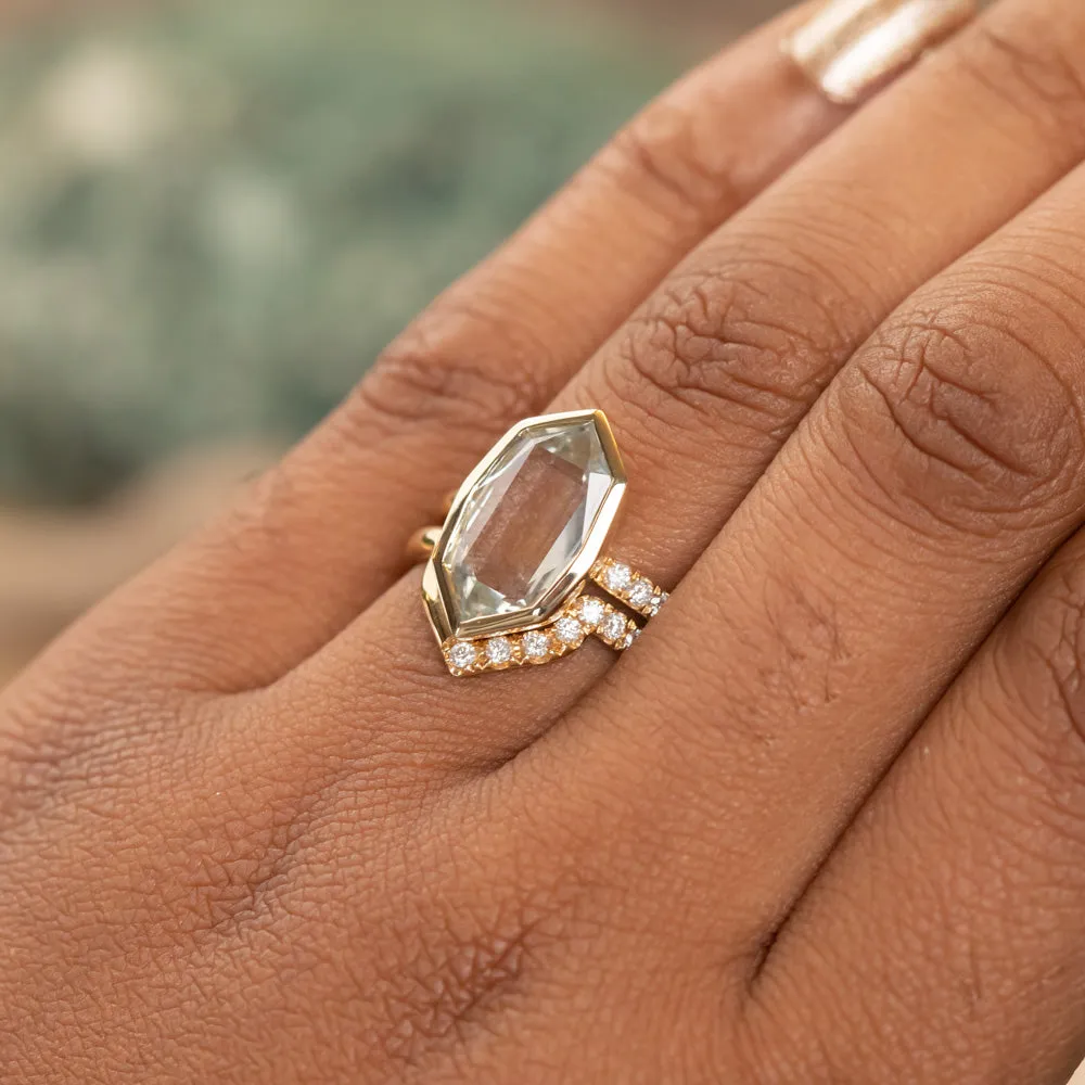4.19ct Untreated Hexagon Portrait Cut "Seaglass" Colored Sapphire Bezel Set and Asymmetrical Diamond Ring with Curved Diamond Band In 18k Yellow Gold