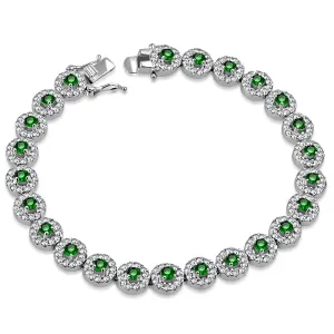 925 Sterling Silver White Clear Green Emerald-Tone CZ Tennis Bracelet