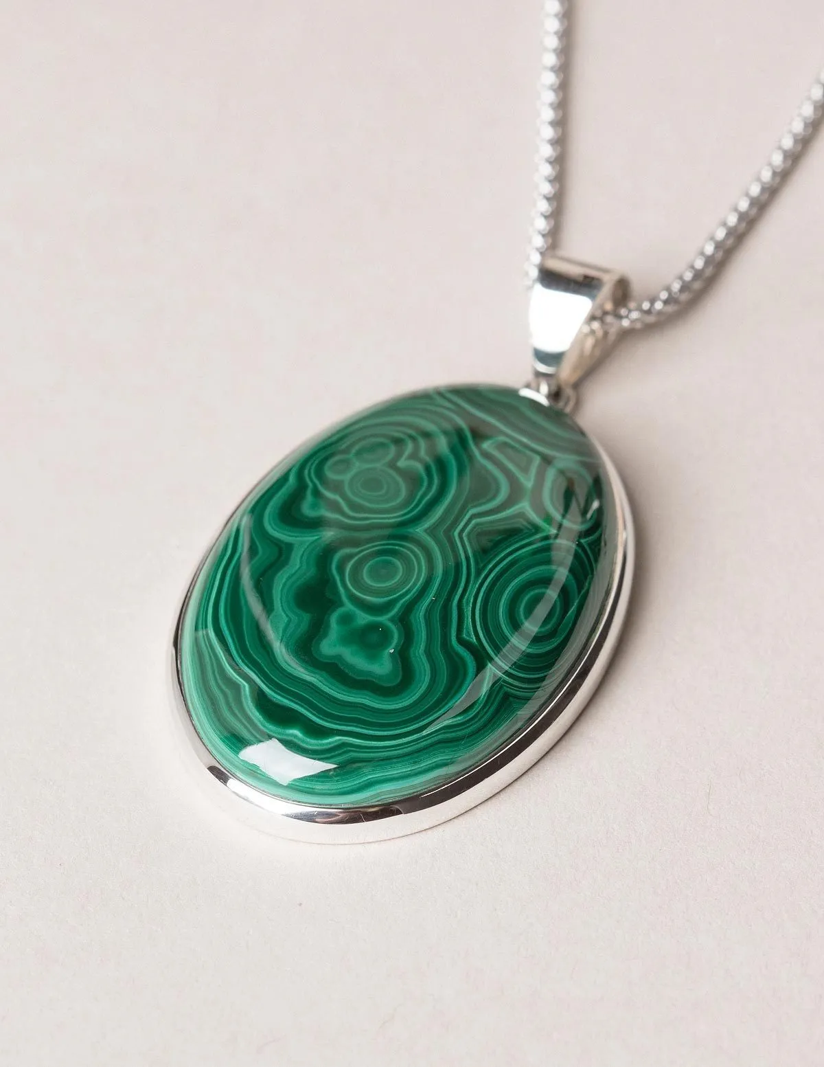 African Malachite Pendant Necklace - 30 Inch Silver Chain