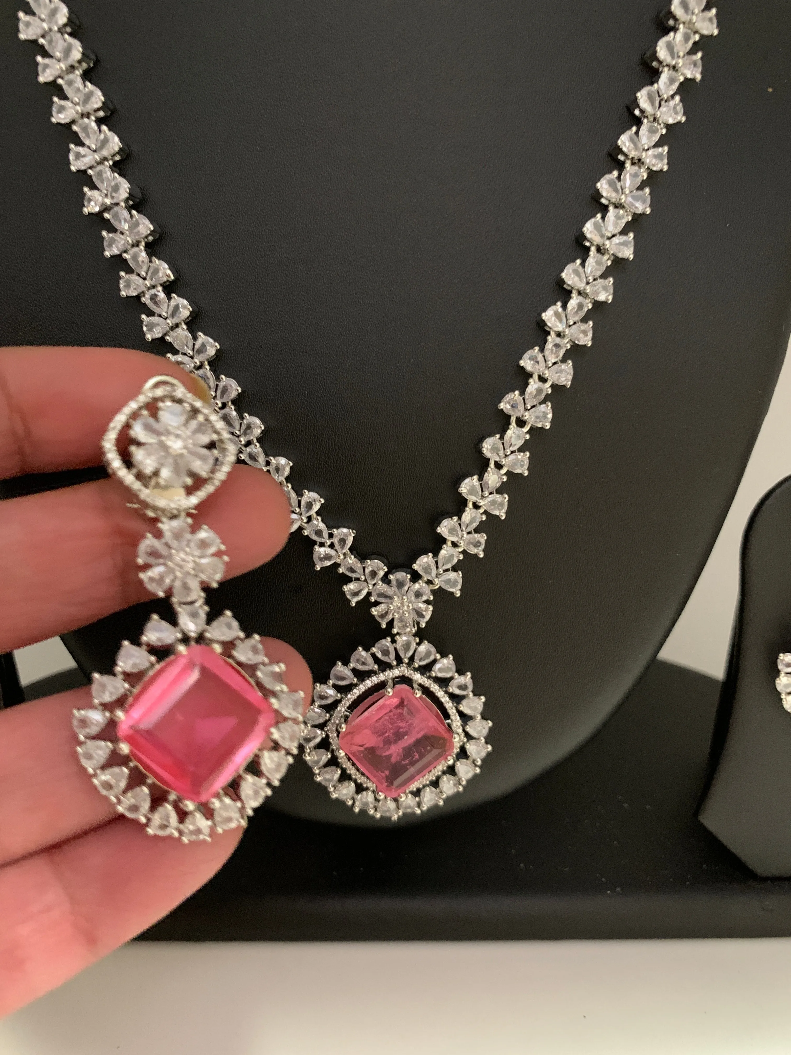 American Diamond Doublet Pink Stone Short Neckalce