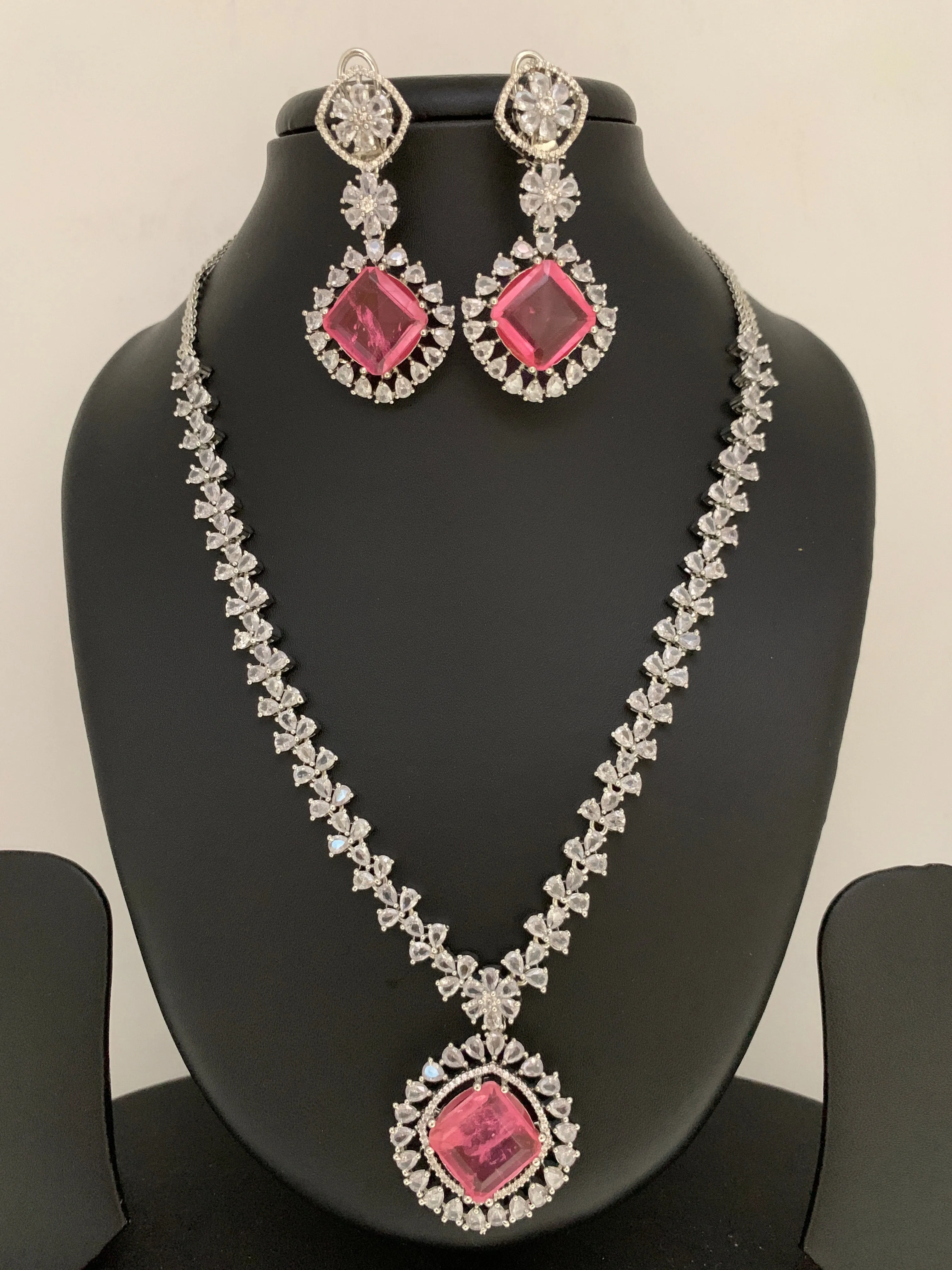 American Diamond Doublet Pink Stone Short Neckalce