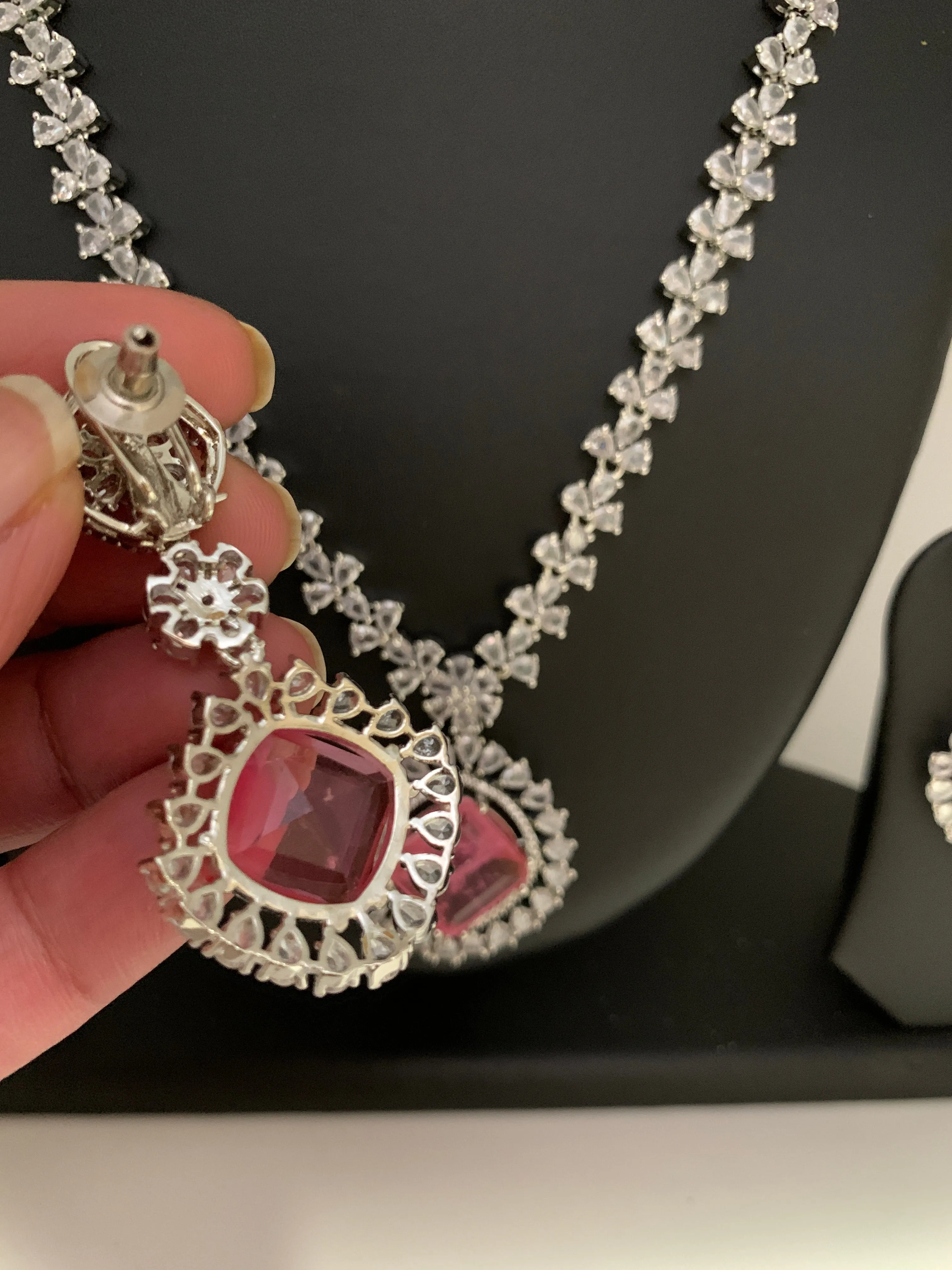 American Diamond Doublet Pink Stone Short Neckalce
