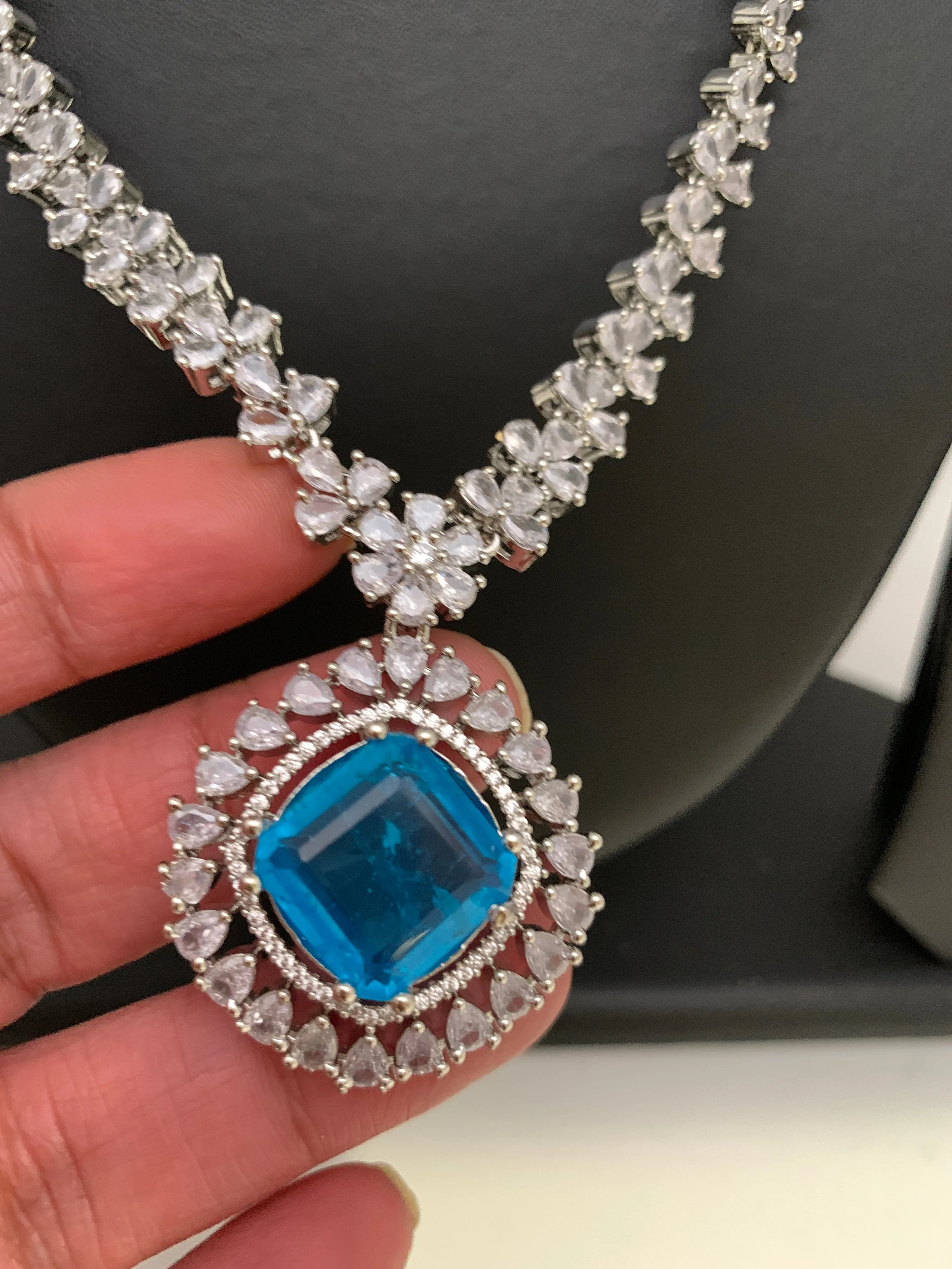 American Diamond Doublet Teal Blue Stone Short Neckalce