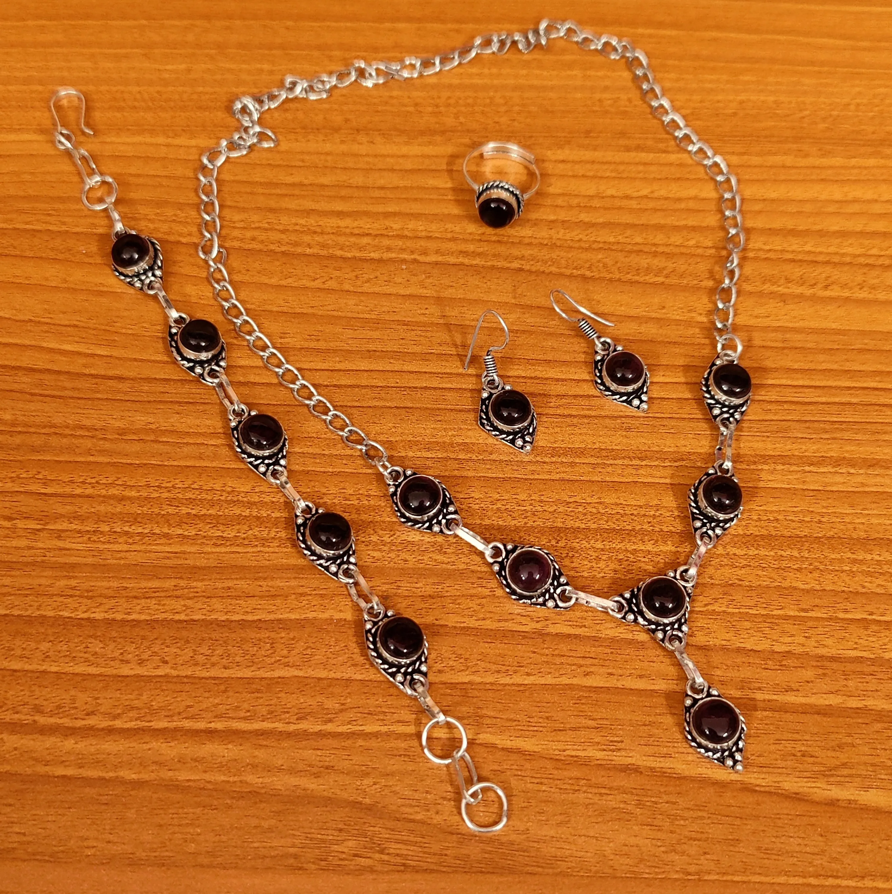 AMETHYST COLOUR OXIDISED SILVER NECKLACE SET COMBO