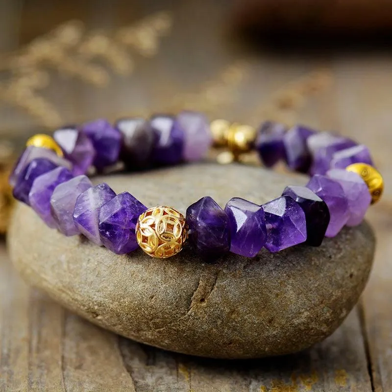 Amethyst Stretchy Bracelet with Evil Eye Charm