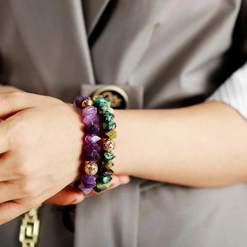 Amethyst Stretchy Bracelet with Evil Eye Charm