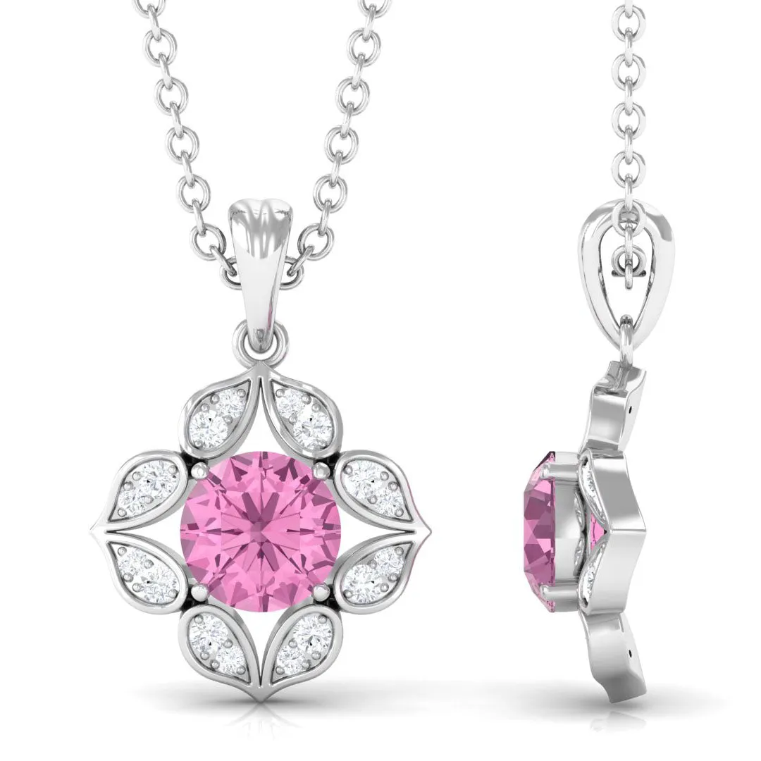 Antique Style Natural Pink Tourmaline Bridal Pendant with Diamond