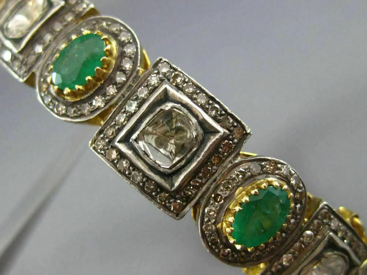 ANTIQUE WIDE 11.50CT DIAMOND & AAA EMERALD 14K YELLOW GOLD & SILVER BANGLE 23425