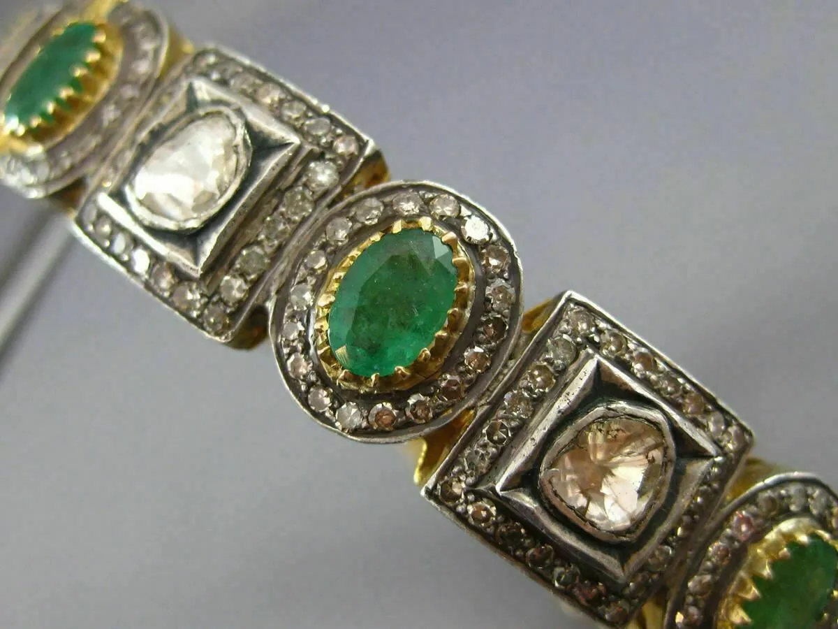 ANTIQUE WIDE 11.50CT DIAMOND & AAA EMERALD 14K YELLOW GOLD & SILVER BANGLE 23425