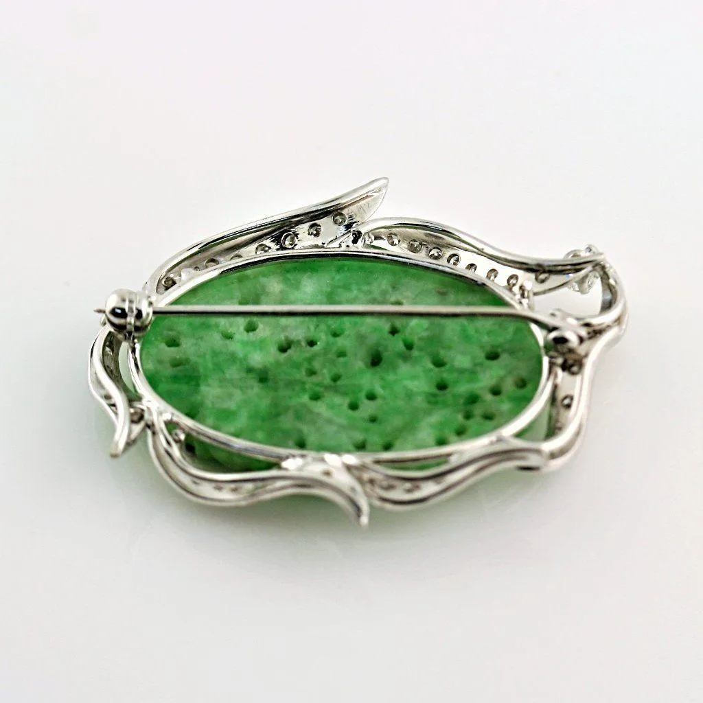 Art Deco Carved Jade and Diamond Brooch