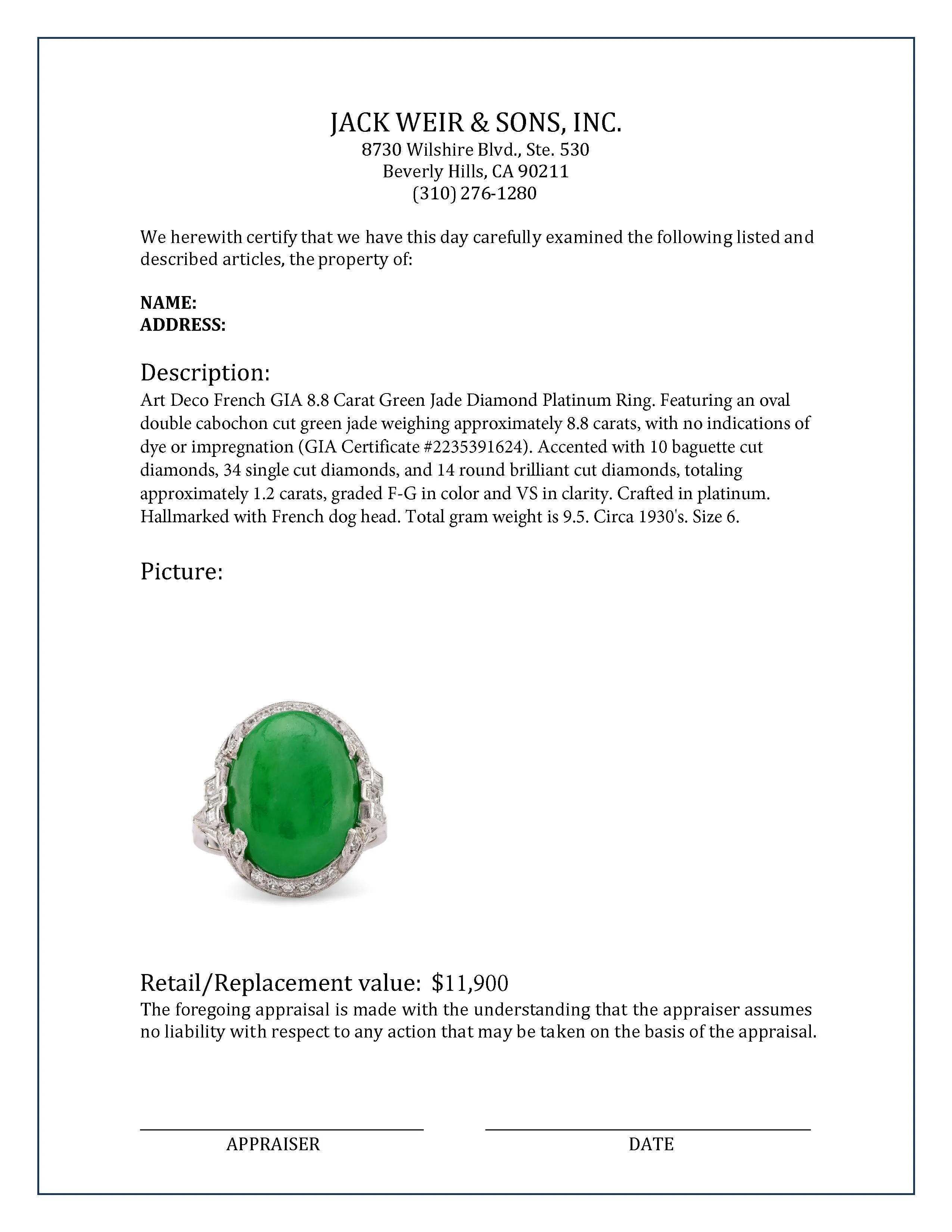 Art Deco French GIA 8.8 Carat Green Jade Diamond Platinum Ring