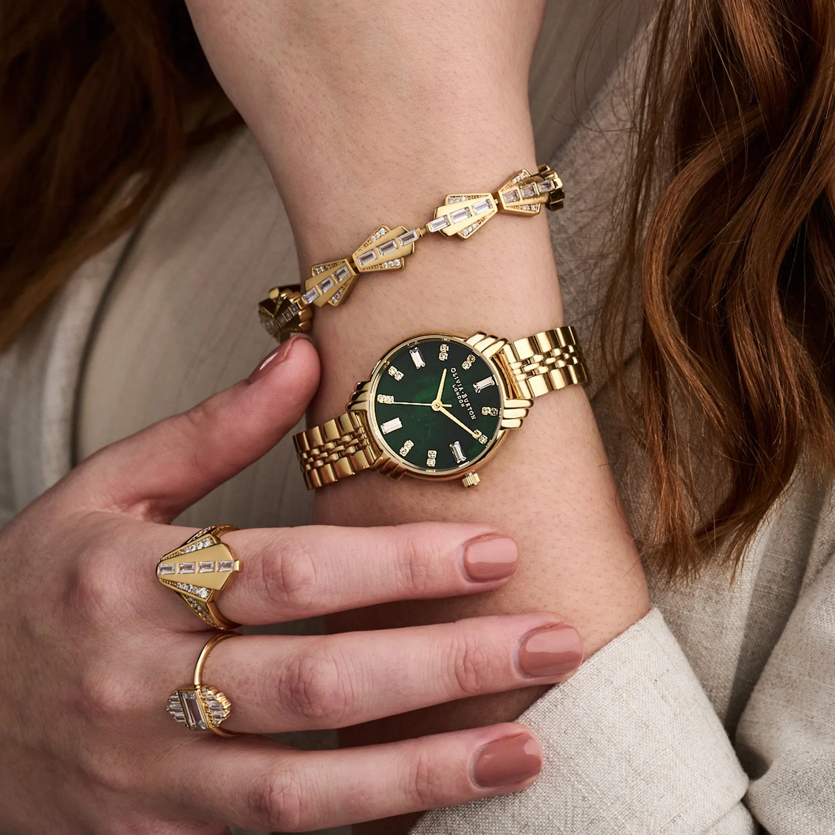 Art Deco Midi Dial Emerald Green & Gold Bracelet Watch (OB16DC02)