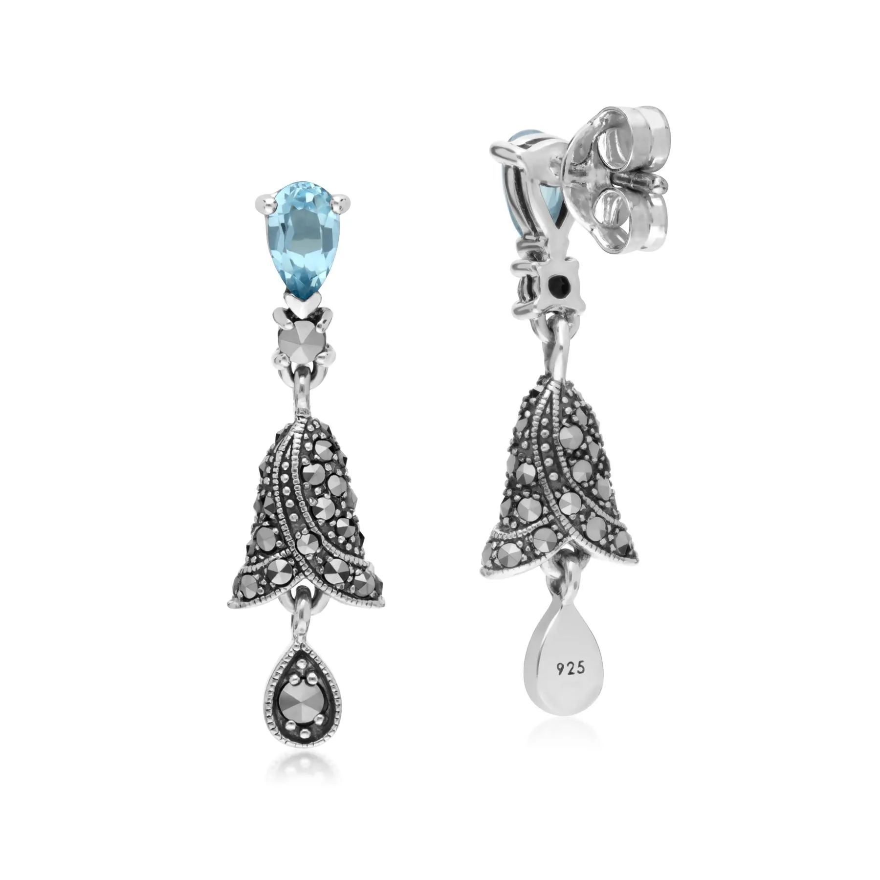 Art Nouveau Stil Birnenförmige Blauer Amethyst und Markasit Glöckchen Tropfen Ohrringe in Sterling Silber