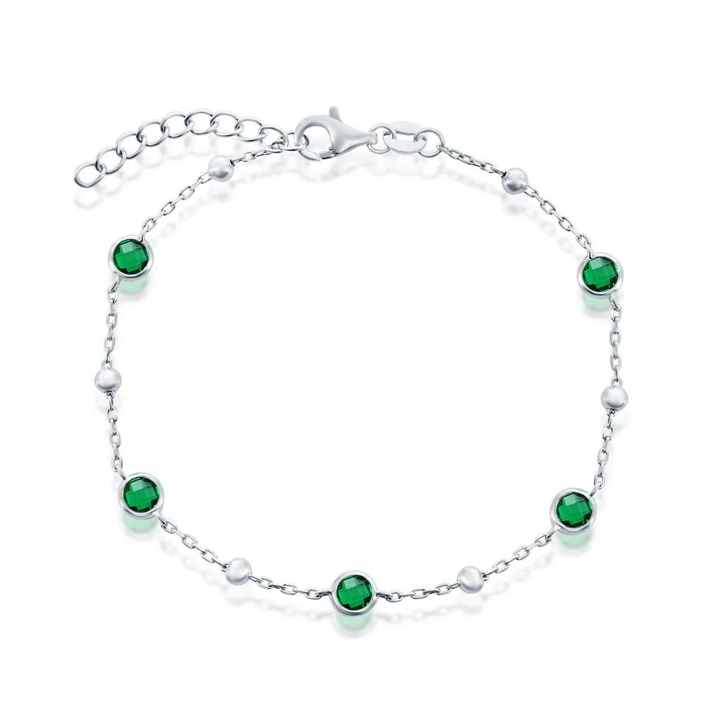 Bezel-Set Emerald CZ & Bead Bracelet in White Gold