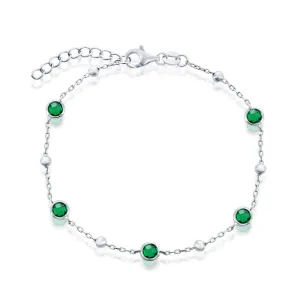 Bezel-Set Emerald CZ & Bead Bracelet in White Gold