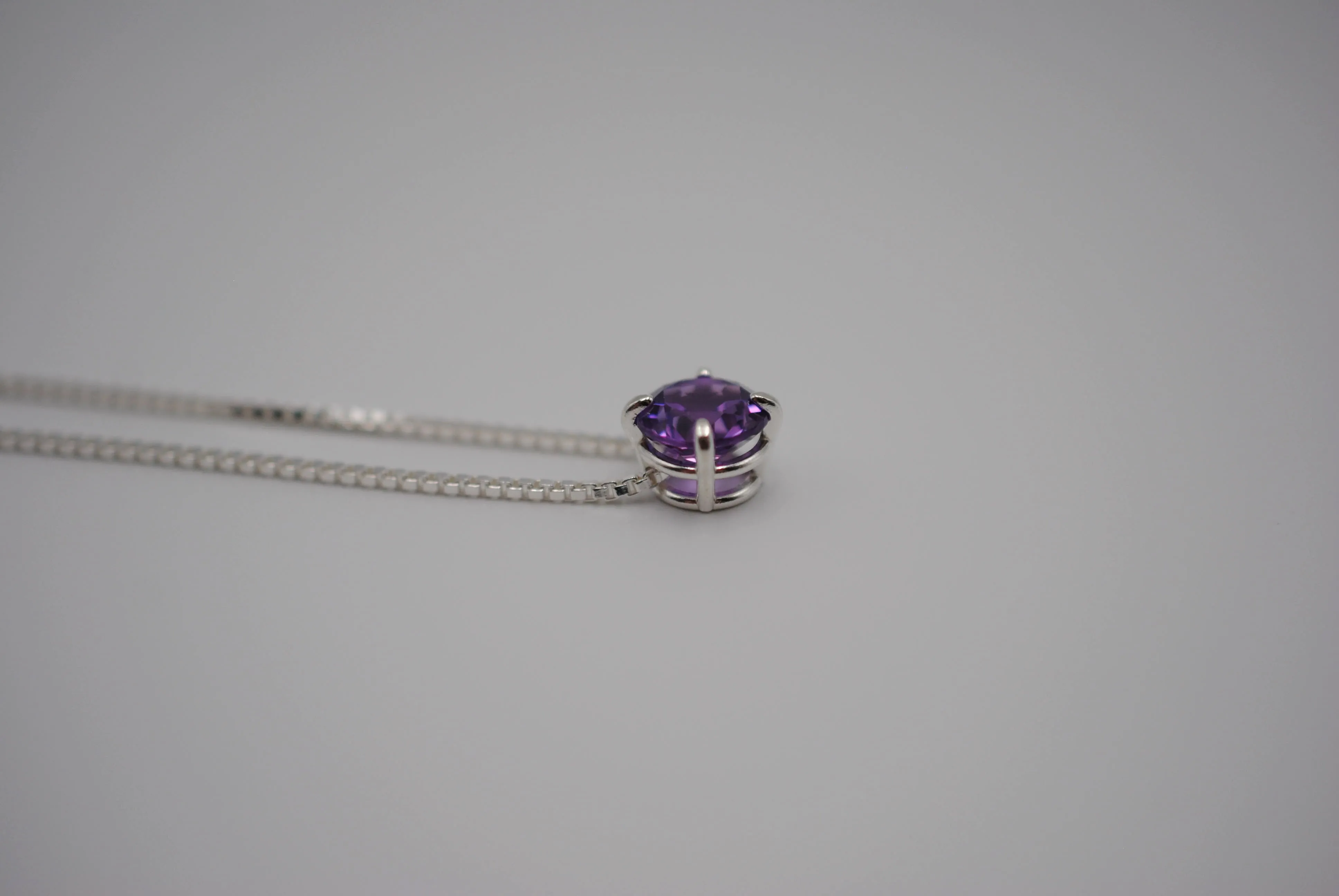 Birthstone Necklace: Round Amethyst, Silver Prong Setting, Adjustable Chain