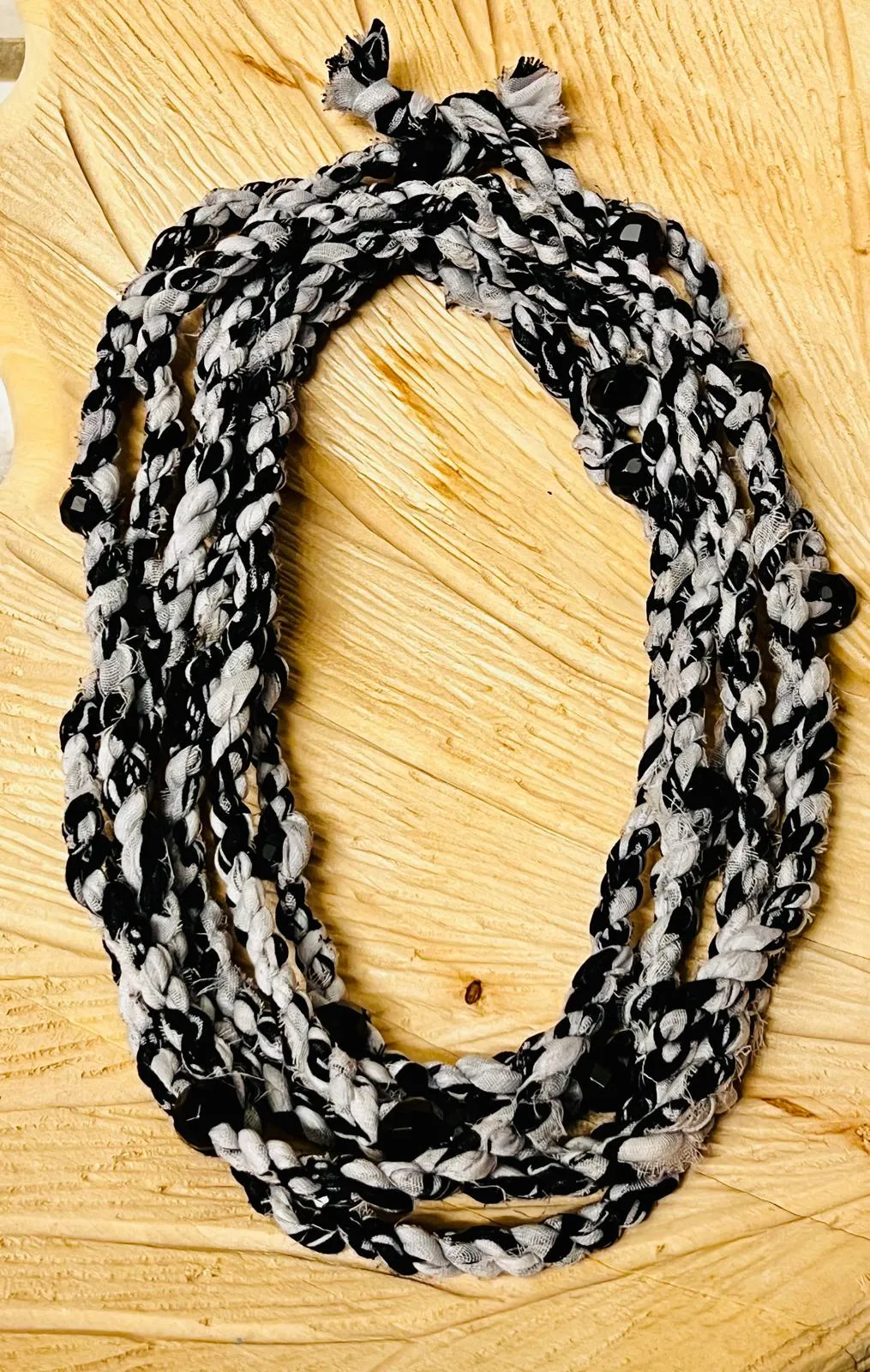 Black & White Reclaimed Scarf Cordage and Onyx Faceted Bead Necklace