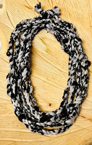 Black & White Reclaimed Scarf Cordage and Onyx Faceted Bead Necklace