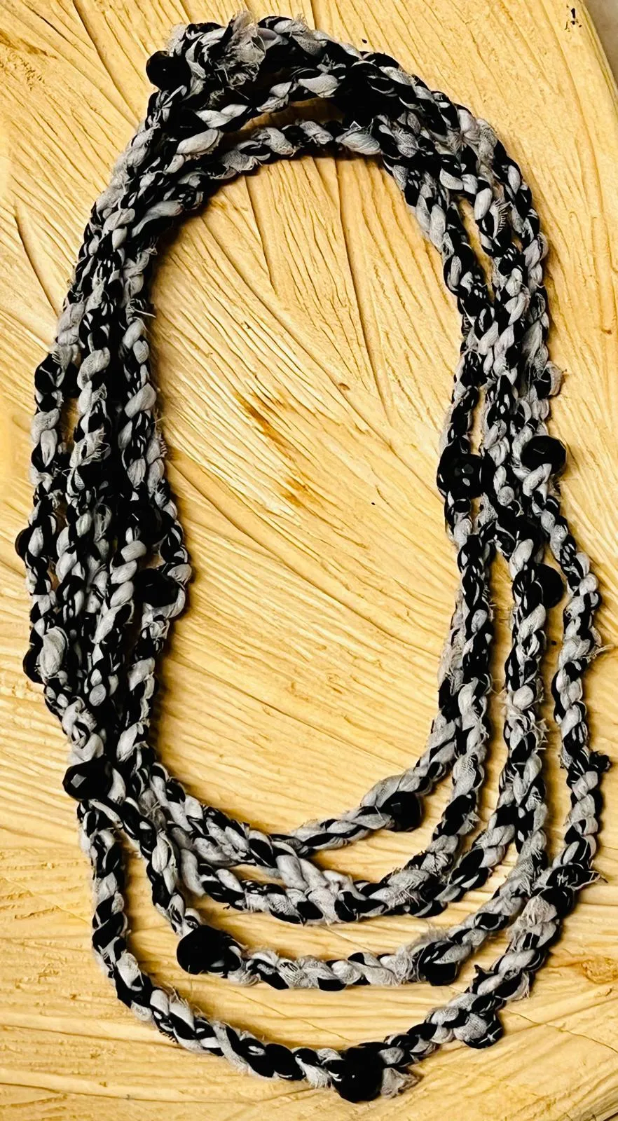 Black & White Reclaimed Scarf Cordage and Onyx Faceted Bead Necklace