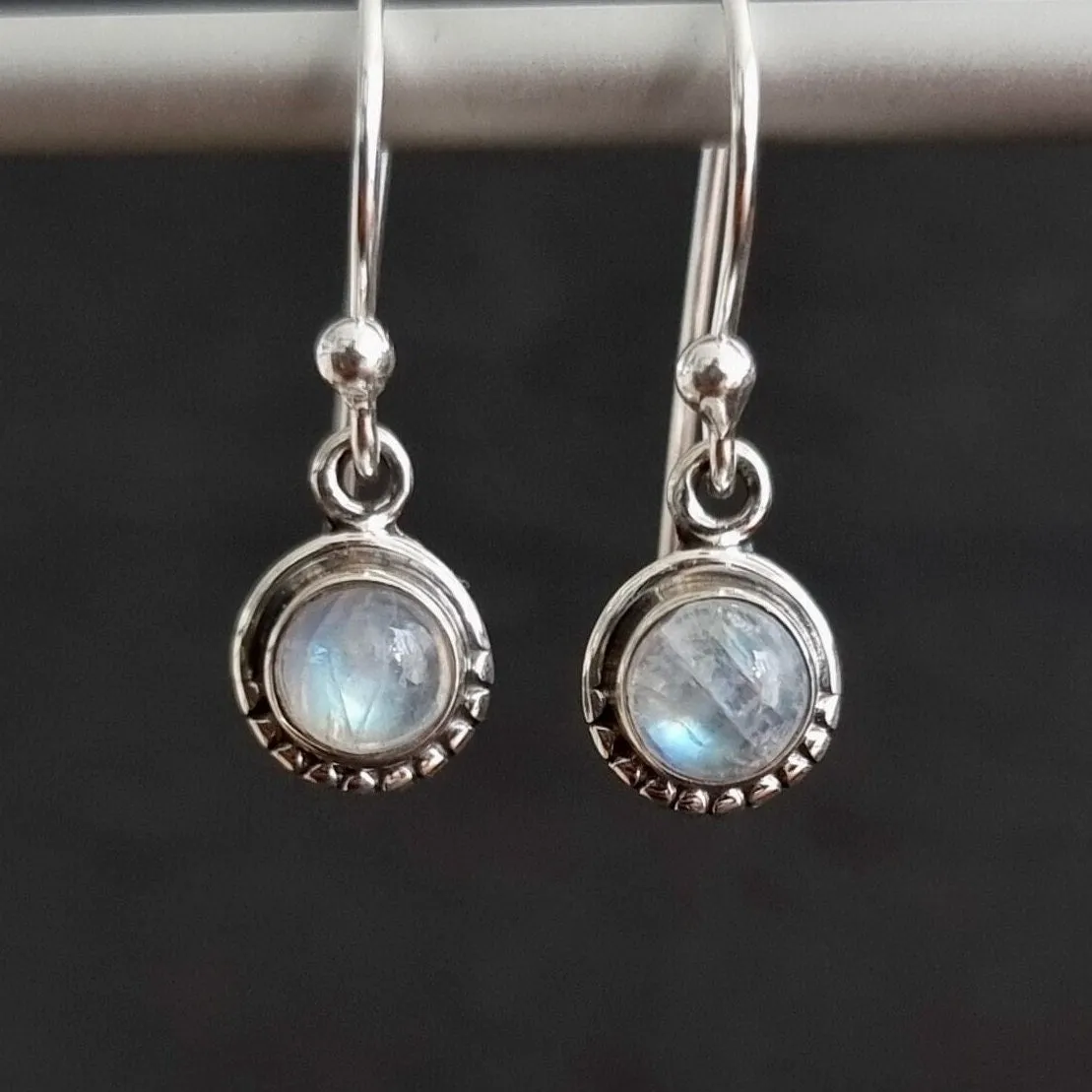 Boho Round 5mm / 6mm Moonstone 925 Silver Earrings, E86M