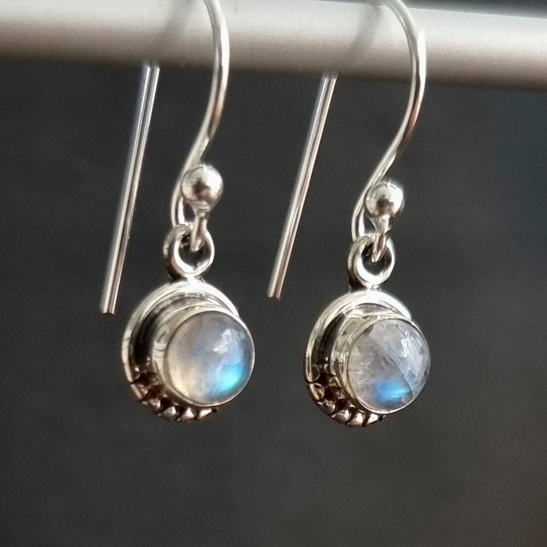 Boho Round 5mm / 6mm Moonstone 925 Silver Earrings, E86M