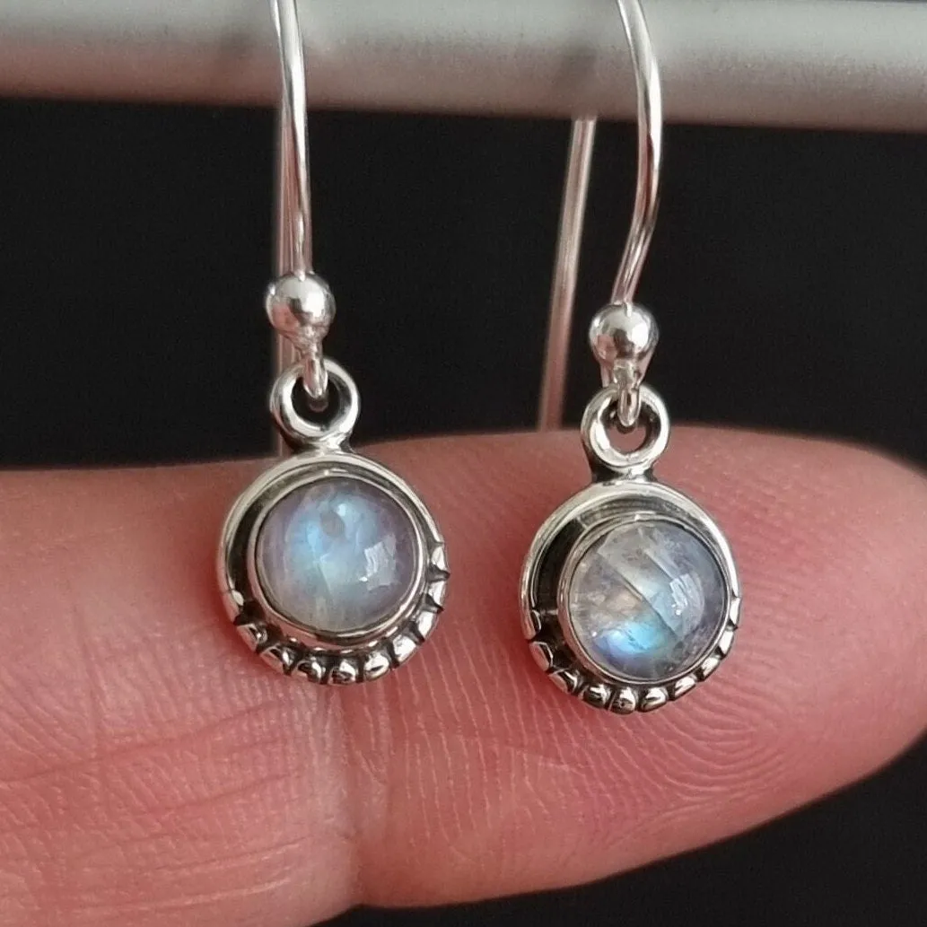 Boho Round 5mm / 6mm Moonstone 925 Silver Earrings, E86M