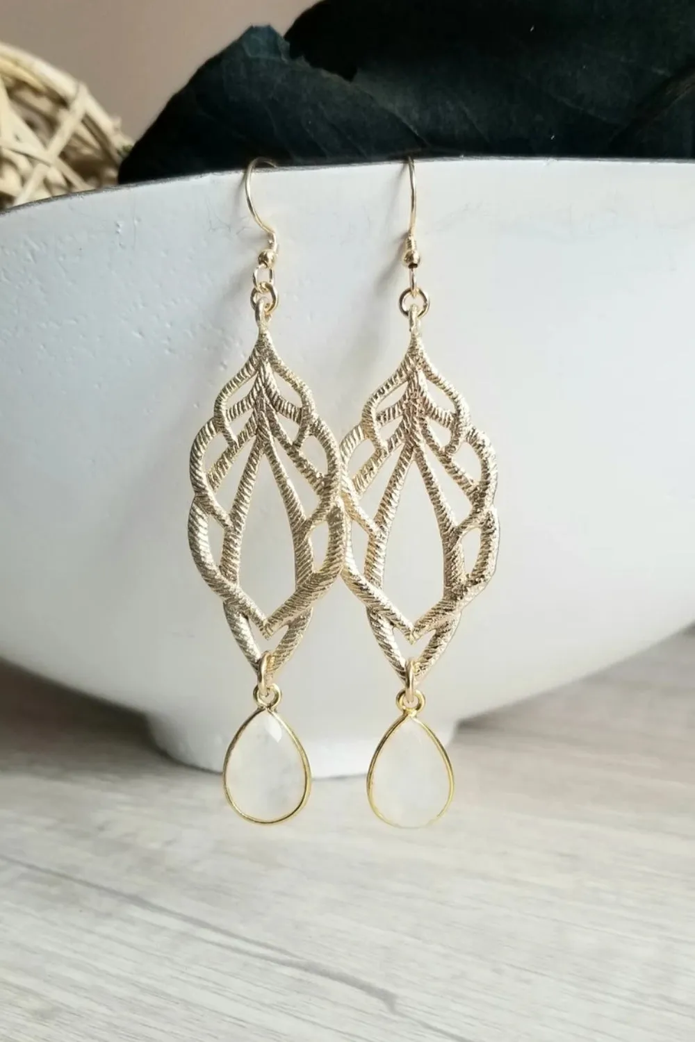 Bride Earrings, Long Moonstone Earrings, Crystal Dangle Earrings for Bride