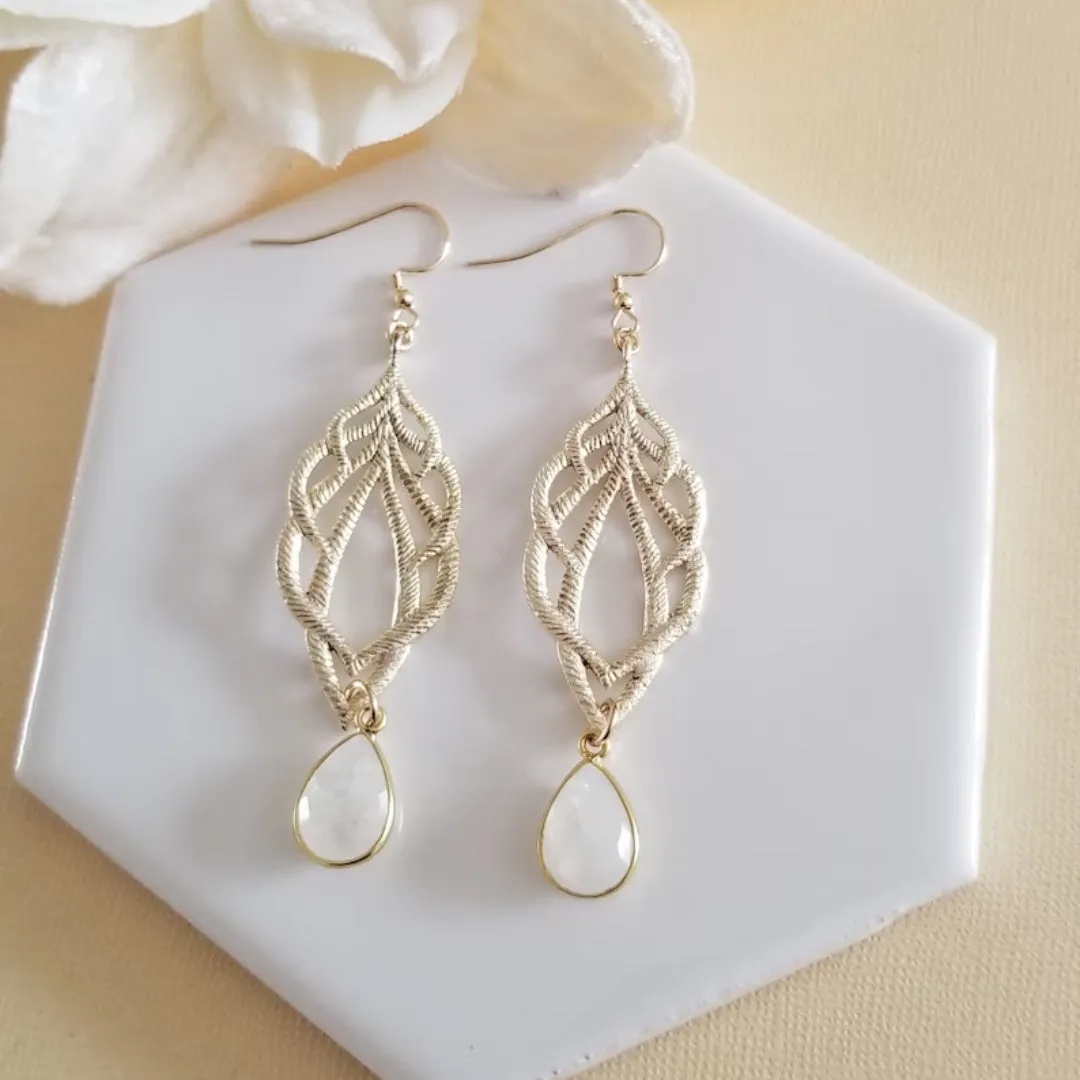 Bride Earrings, Long Moonstone Earrings, Crystal Dangle Earrings for Bride