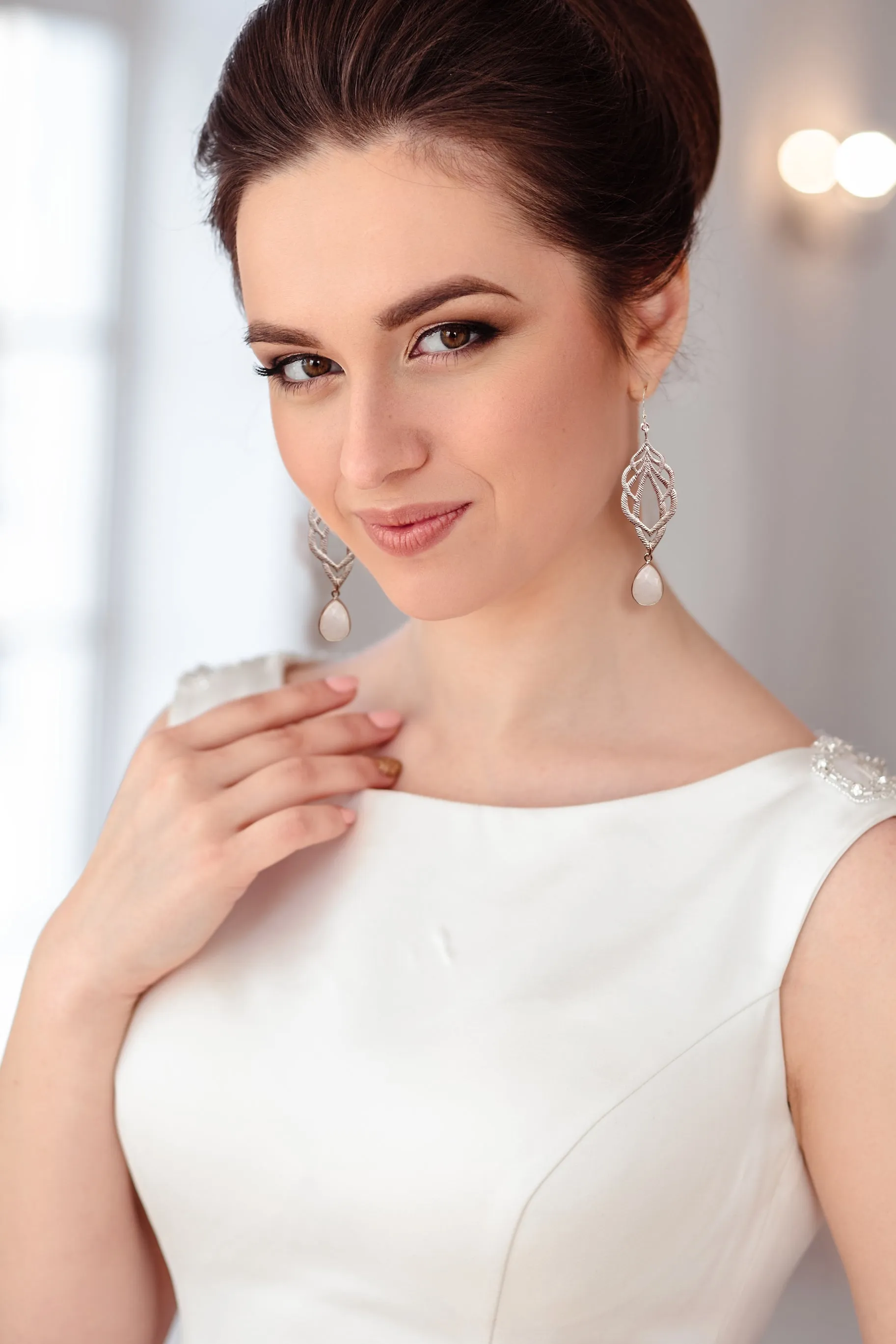 Bride Earrings, Long Moonstone Earrings, Crystal Dangle Earrings for Bride
