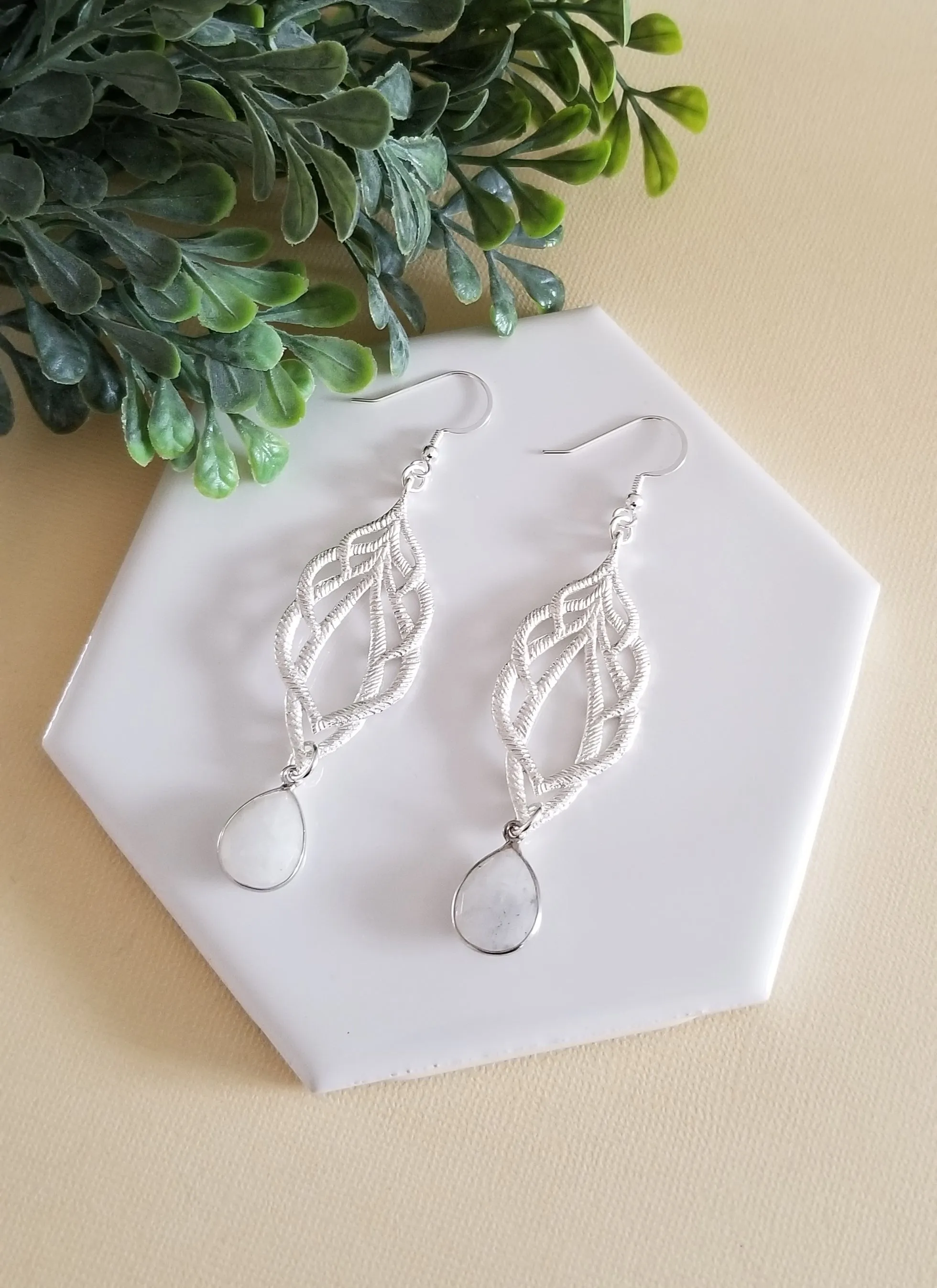 Bride Earrings, Long Moonstone Earrings, Crystal Dangle Earrings for Bride