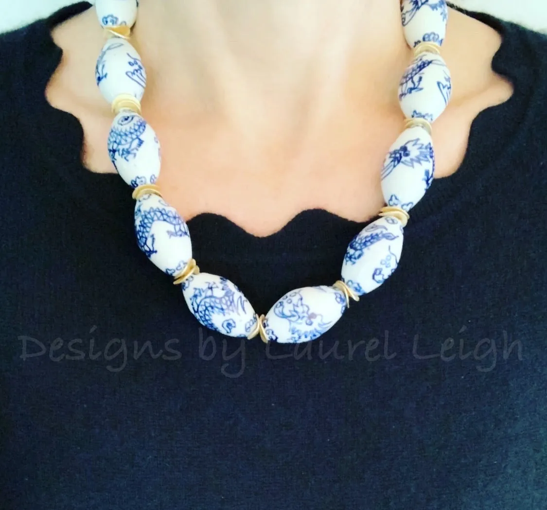Chunky Blue and White Chinoiserie Dragon Statement Necklace