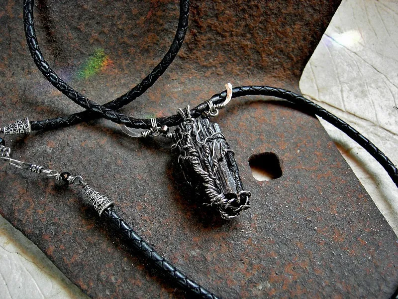 Cord Necklace, Unisex, Black Tourmaline & Sterling Wire Wrap Tree