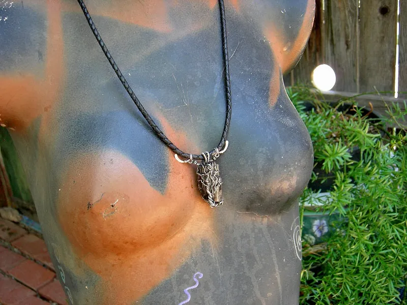 Cord Necklace, Unisex, Black Tourmaline & Sterling Wire Wrap Tree
