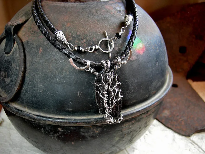 Cord Necklace, Unisex, Black Tourmaline & Sterling Wire Wrap Tree