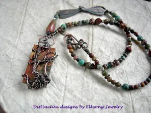 Desert Wander Necklace, Copper Wire Wrap Tree, Jasper, Turquoise