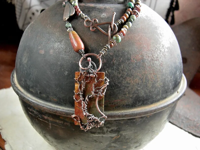 Desert Wander Necklace, Copper Wire Wrap Tree, Jasper, Turquoise